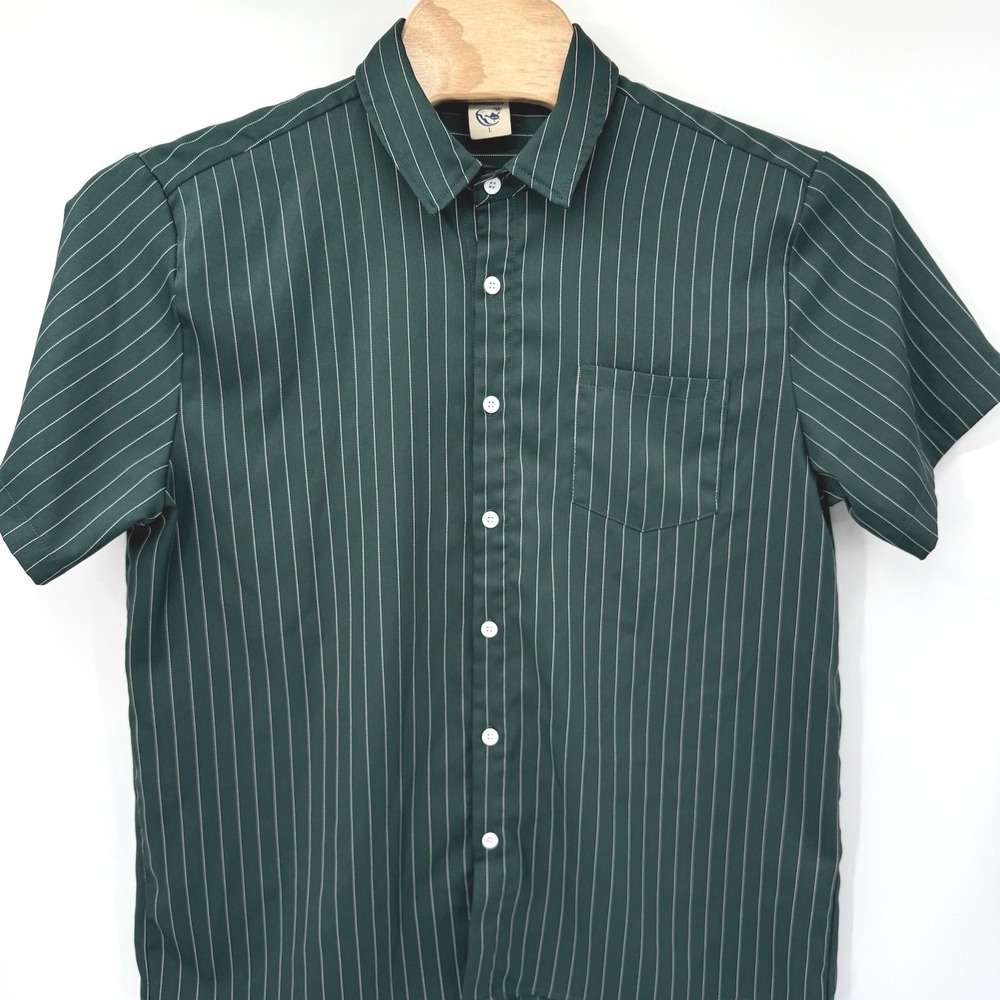 Hardaddy Button Down Shirt Men Large Green Pinstripe Short Sleeve Casual Pocket